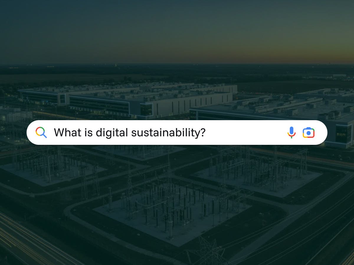 Google search bar with data centers in the background