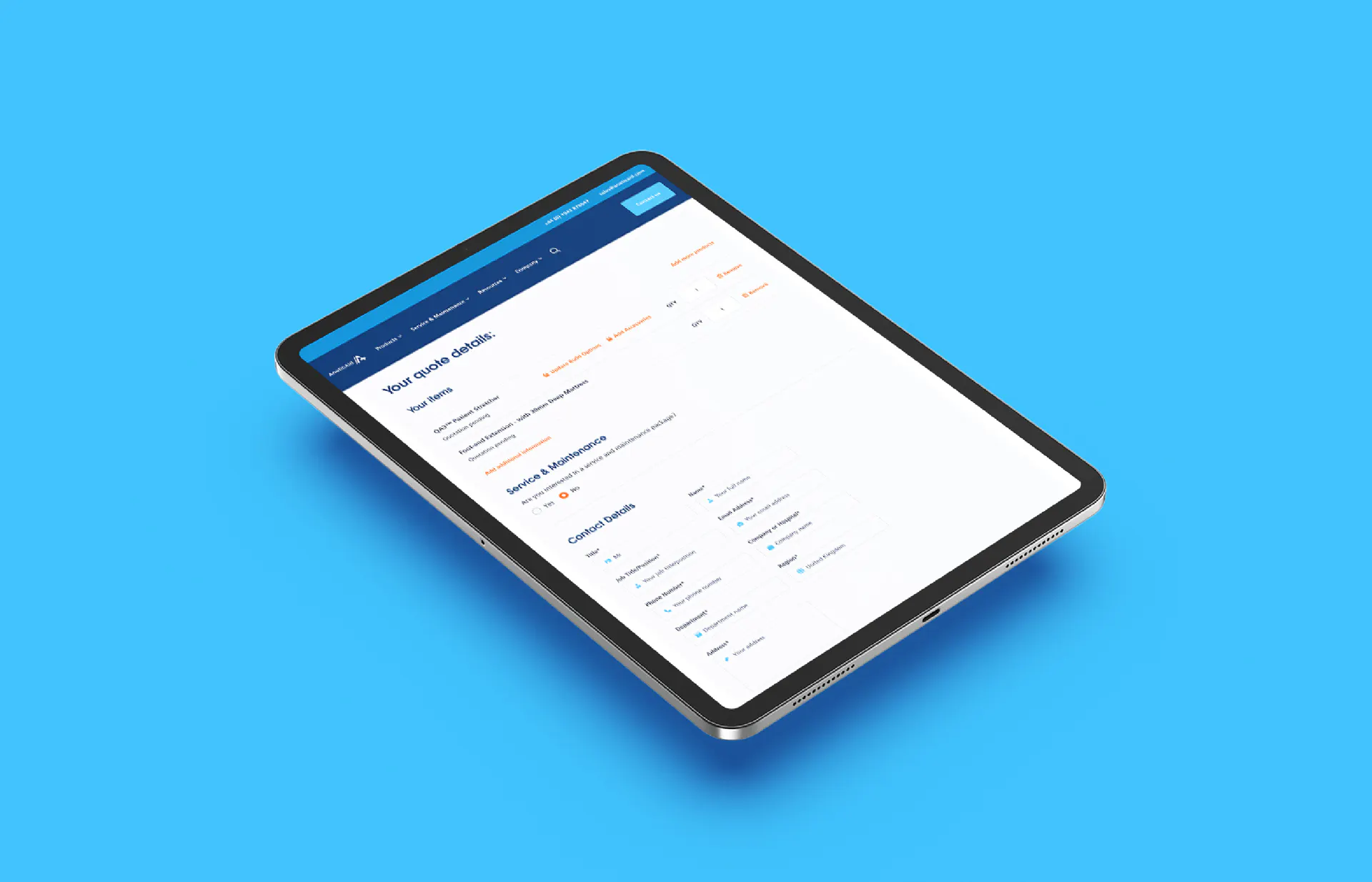 Ipad mockup of the Anetic Aid quote page.