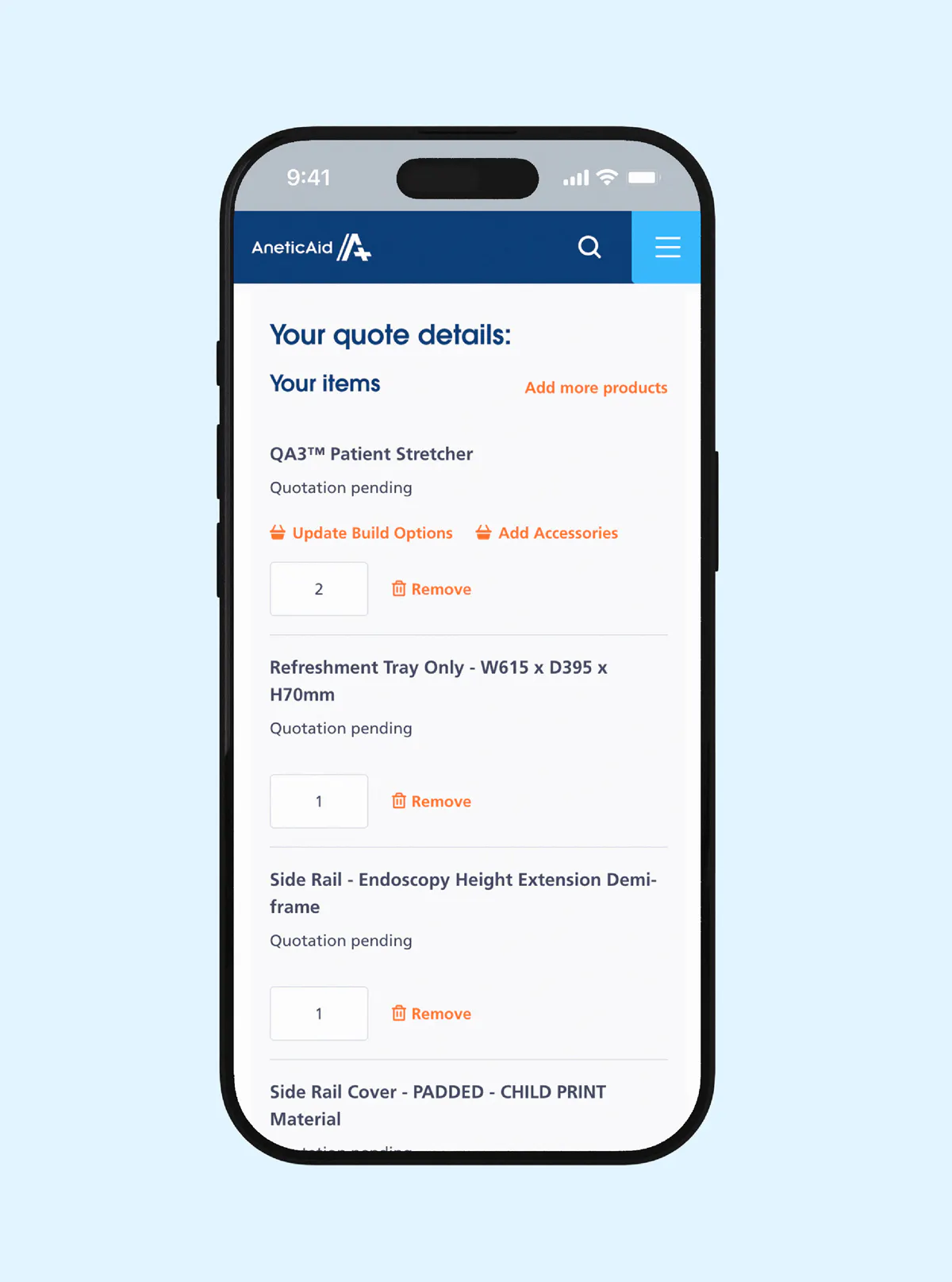 Image of the Anetic Aid quote basket mobile page.