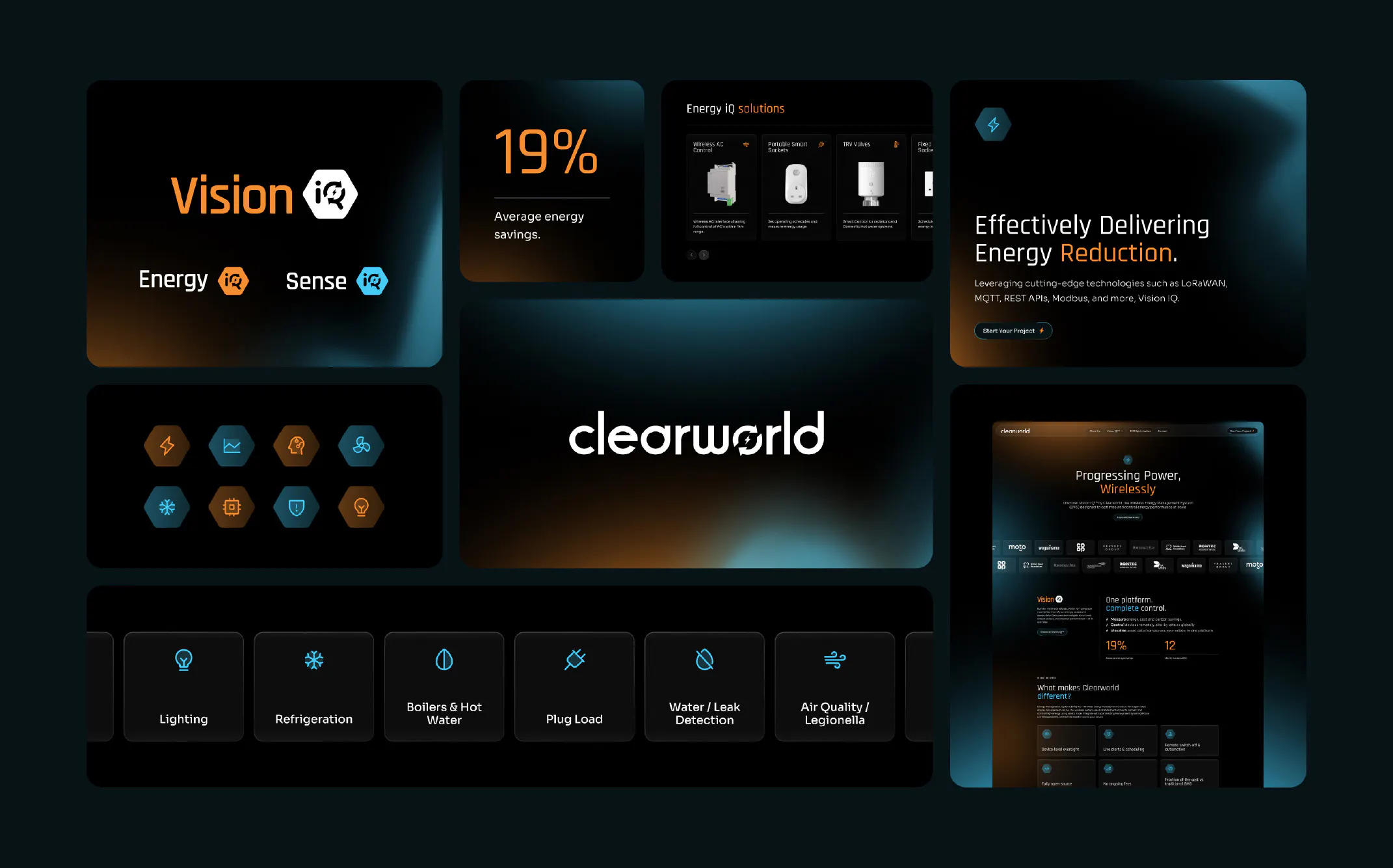 Grid layout of Clearworld brand assets.
