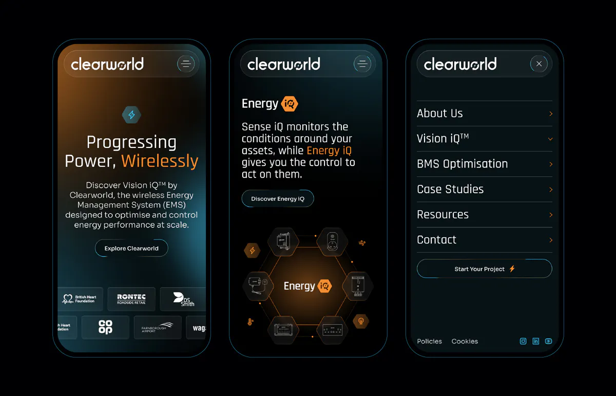 Image of three Clearworld mobile website screens.