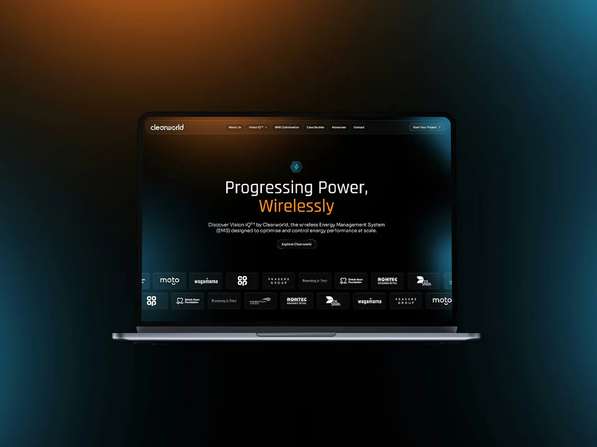 Laptop mockup of the Clearworld website.