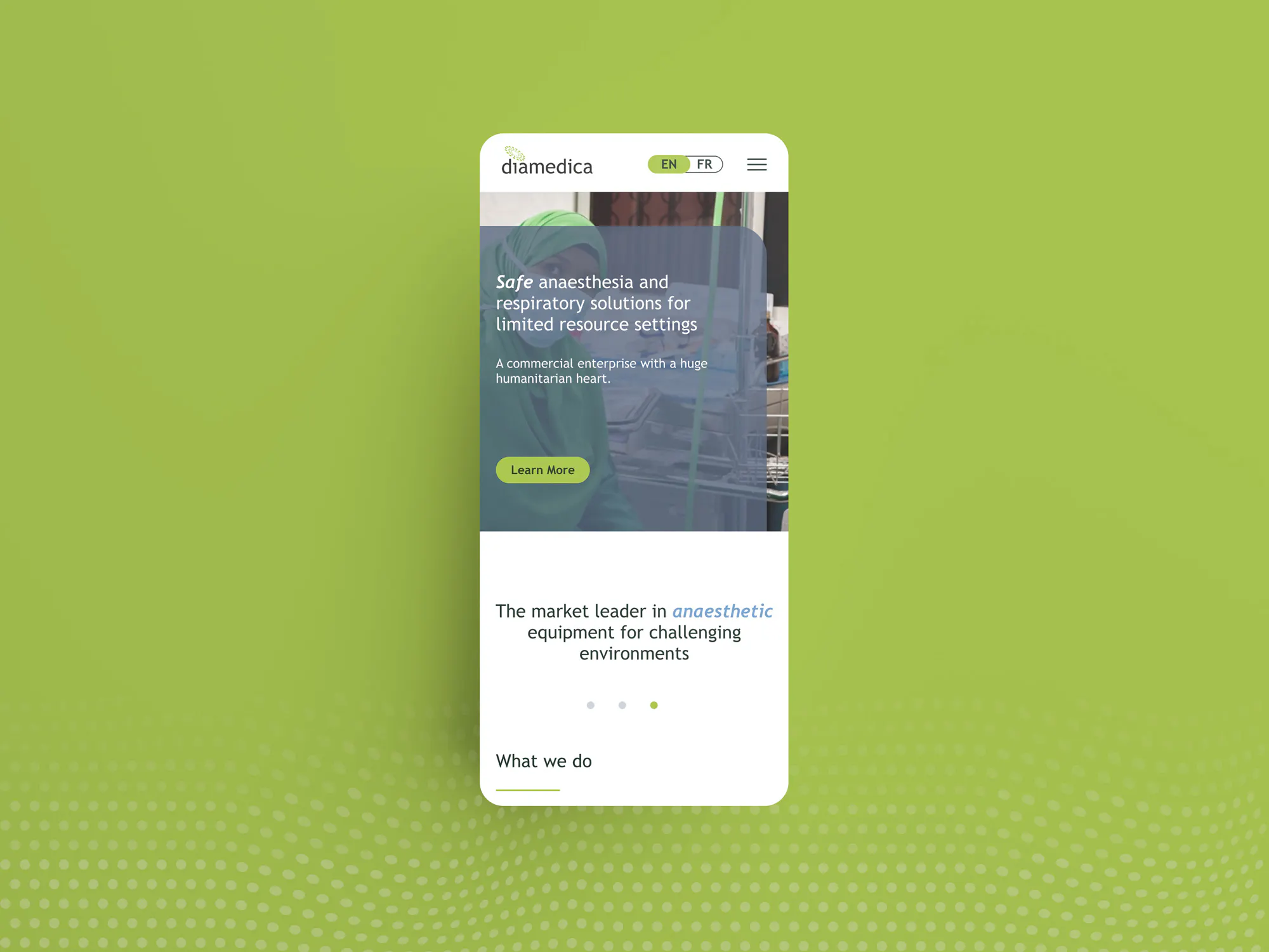 Image of the Diamedica mobile website homepage.