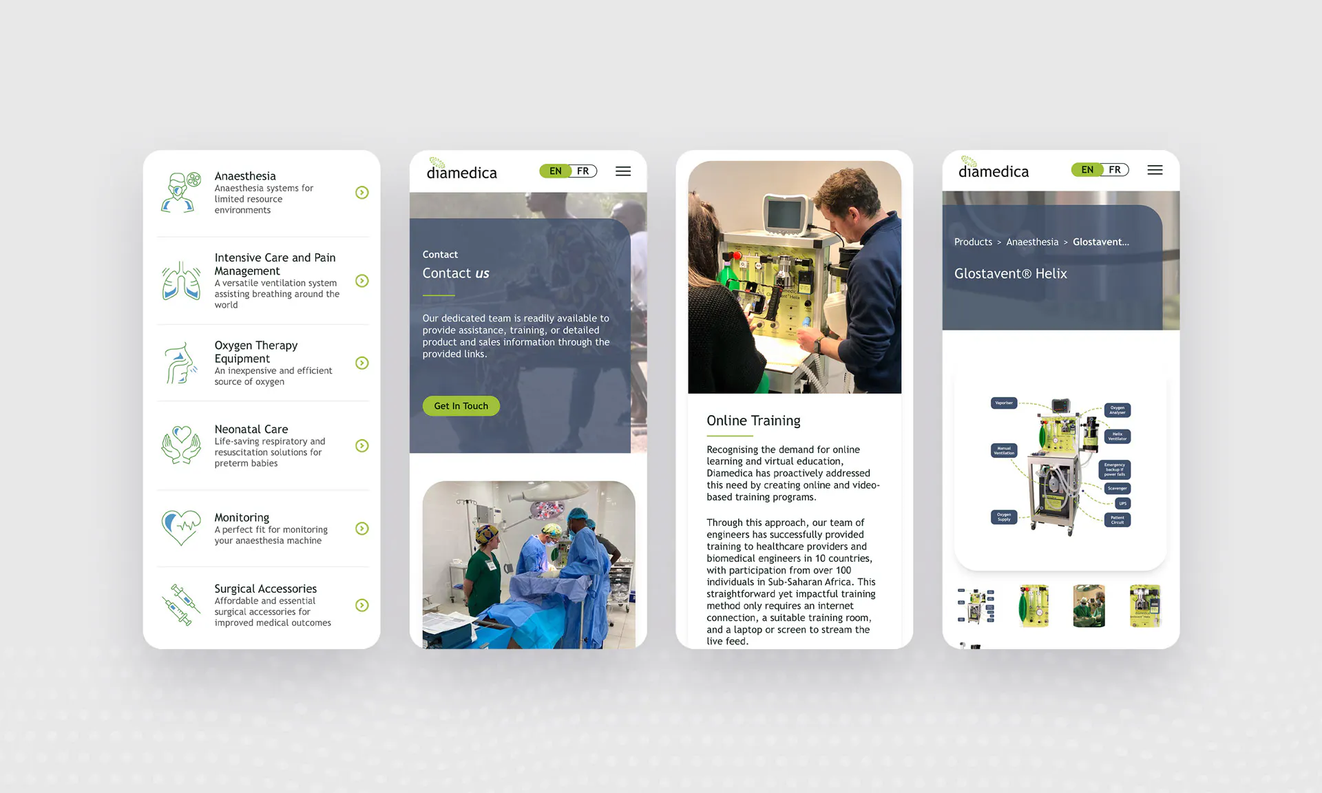 Image of multiple Diamedica mobile website screens.