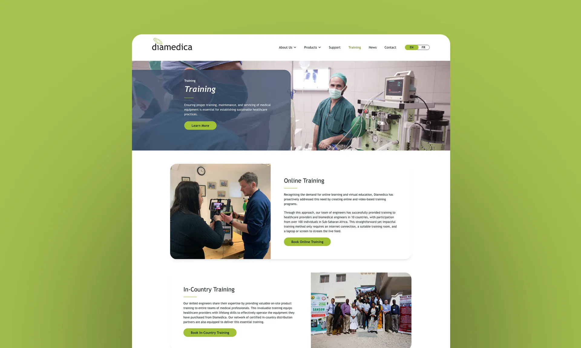 Image of the Diamedica website training page.