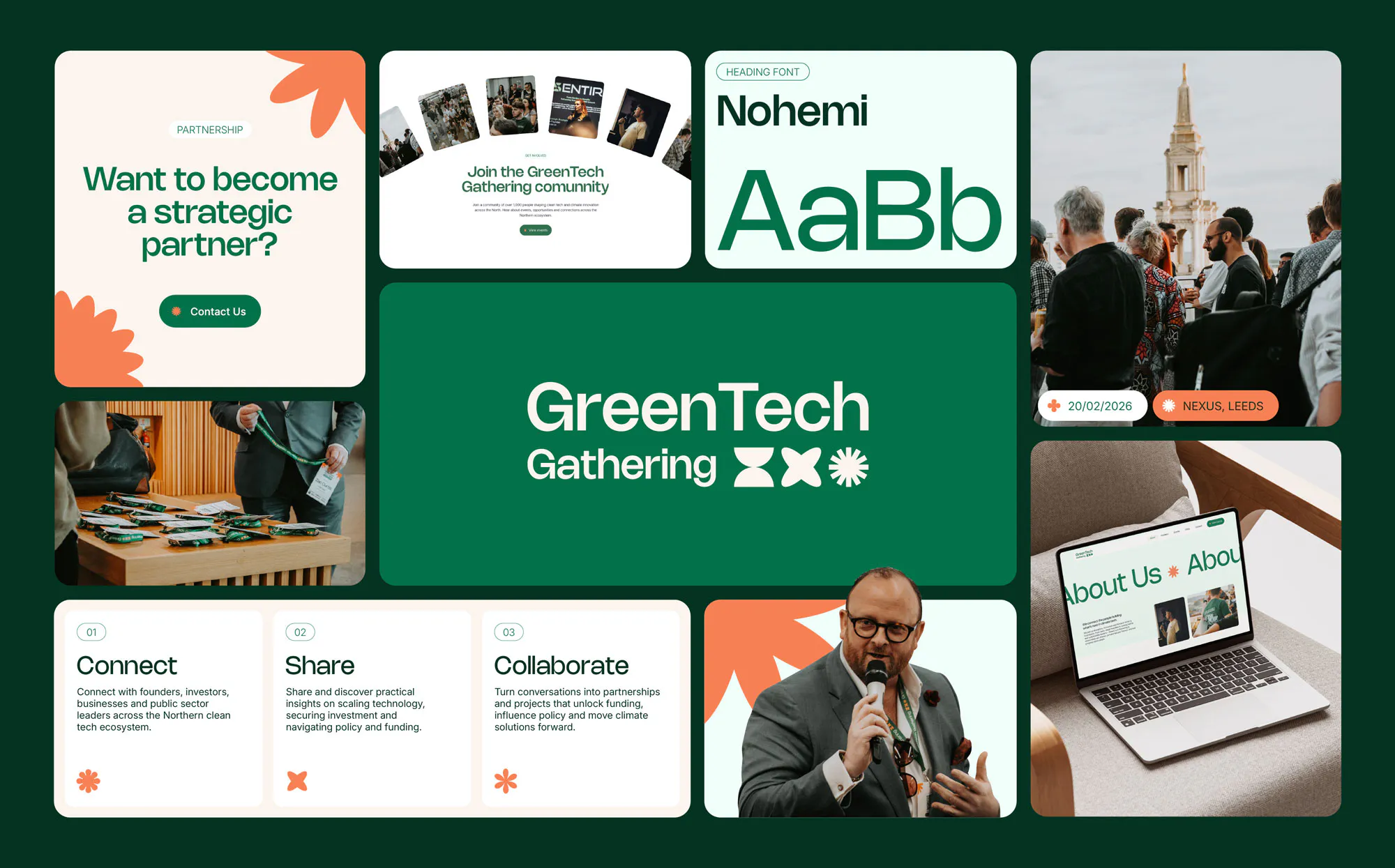 Grid image of GreenTech Gathering brand elements.