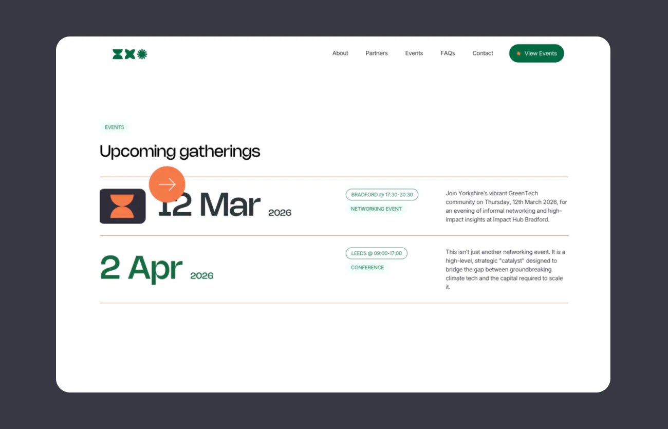 Image of GreenTech Gathering website events directory.
