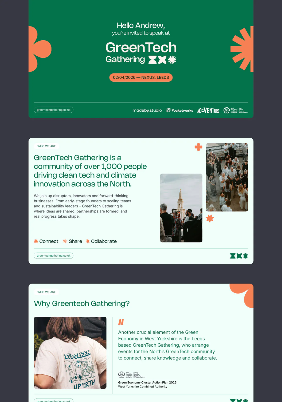 Image of GreenTech Gathering speaker invite presentation.