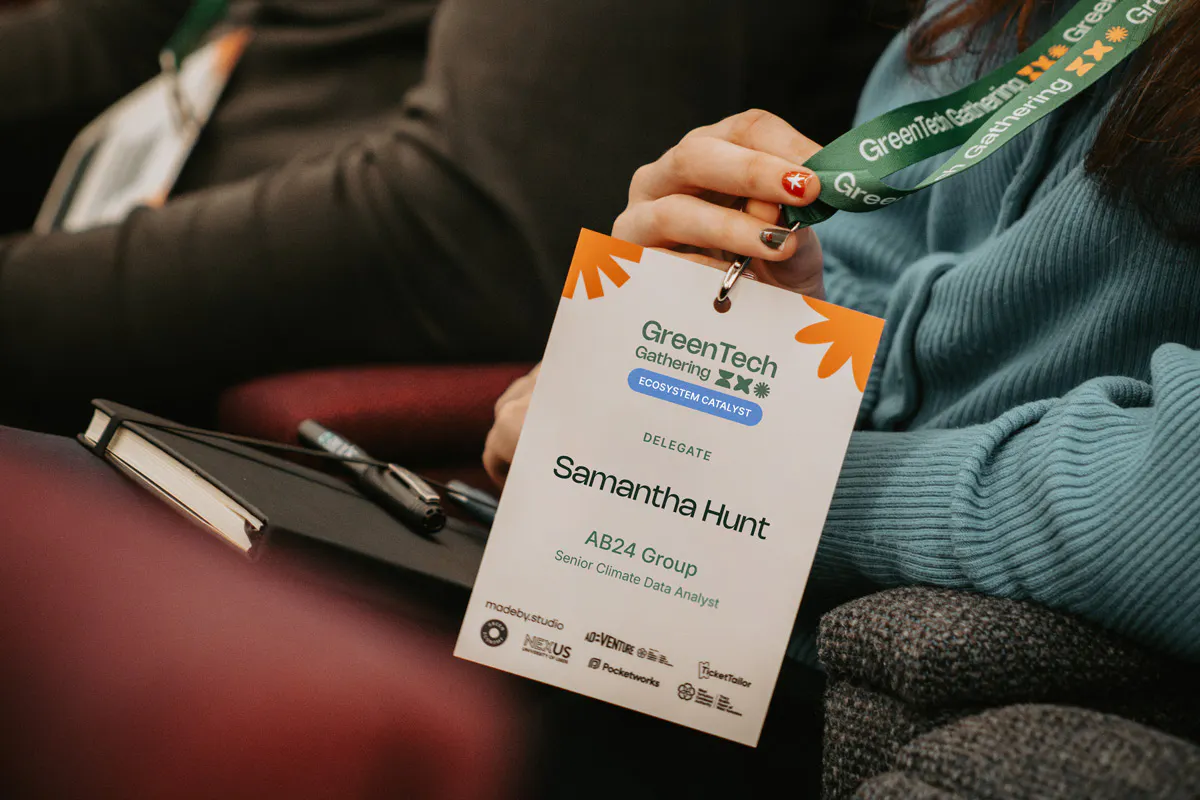 Image of the GreenTech Gathering event lanyard and name tag.