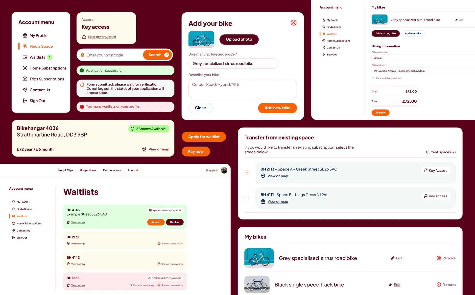 Hooplr website account area elements