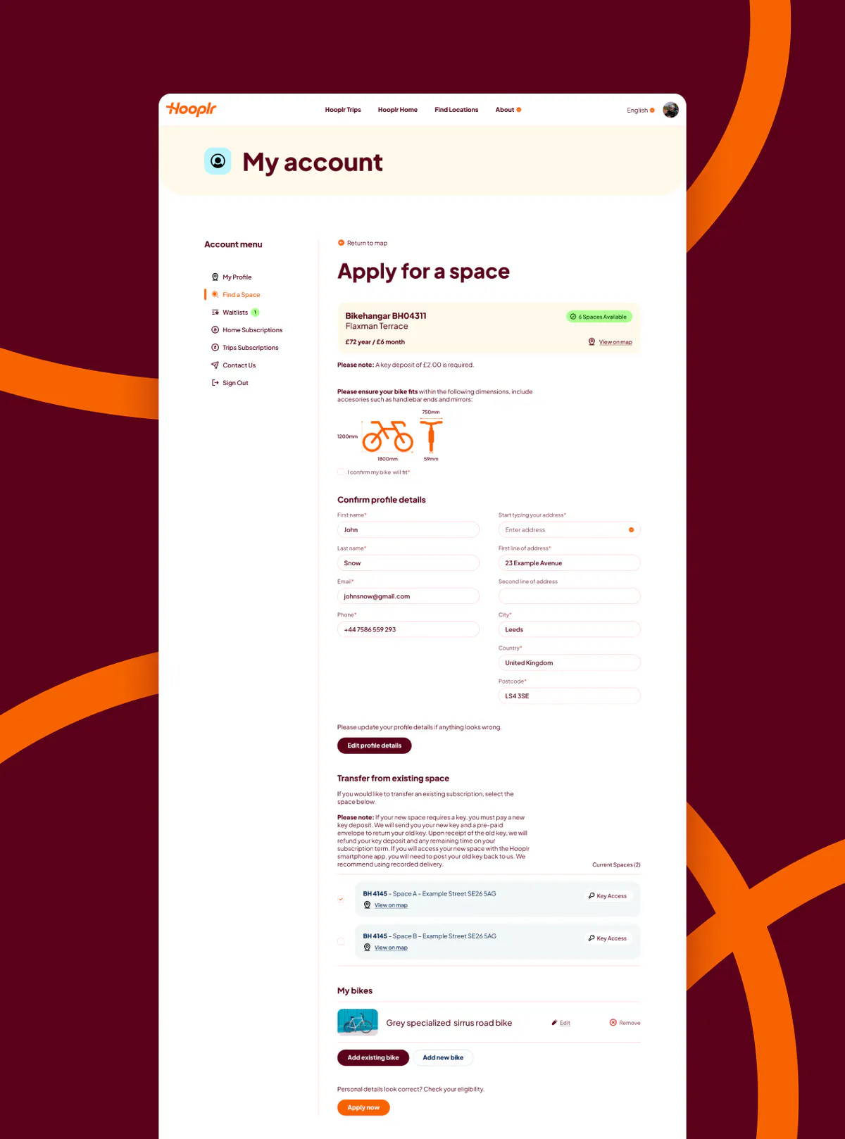 Hooplr apply for a space screen