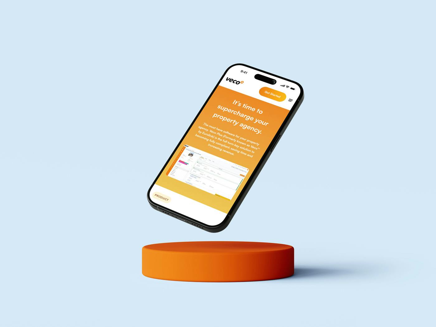 A phone mockup of the Veco Plus website.