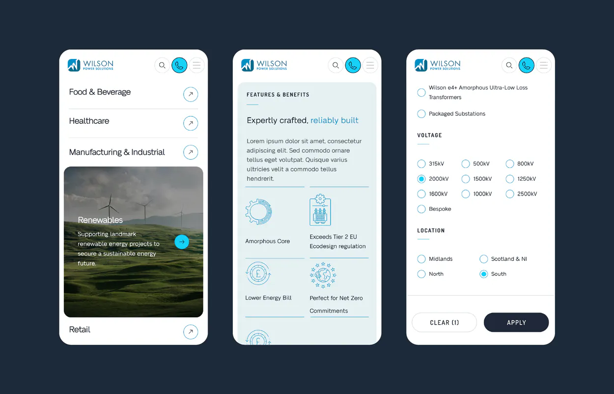 Image of Wilson Power Solutions mobile website screens.