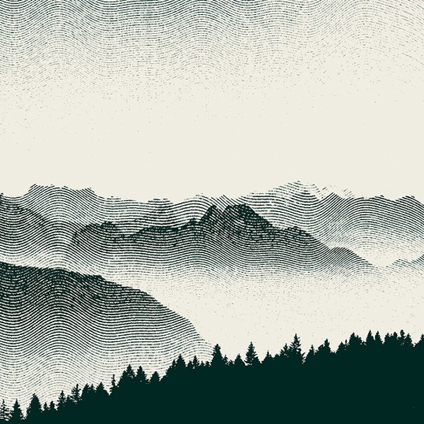 Dithered image of mountains and trees