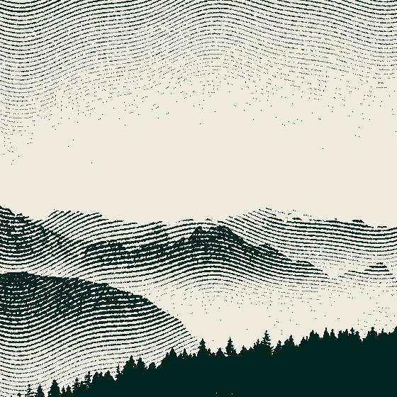 Artistic style of mountains with trees in foreground